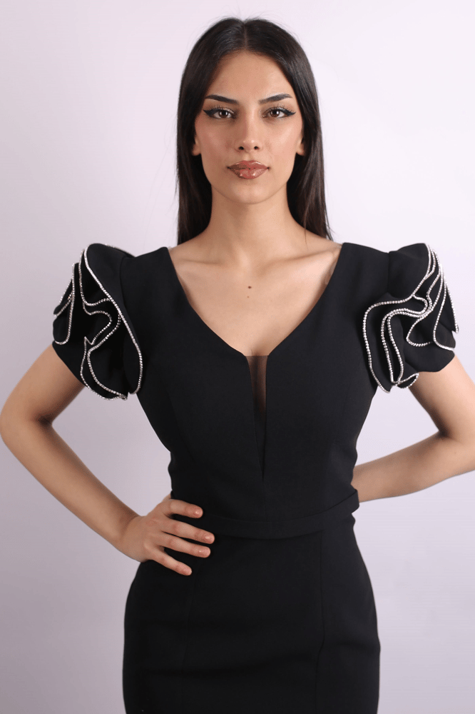 فستان سهرة – springstore – بأكمام قصيرة مكشكشة ومزينة – كريب – أسود