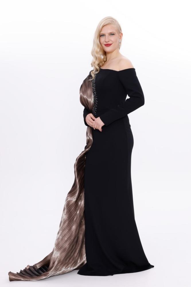 Evening gown crepe - khaki - organza look with one sleeve for occasions - one piece - BDM Exclusive - original Turkish