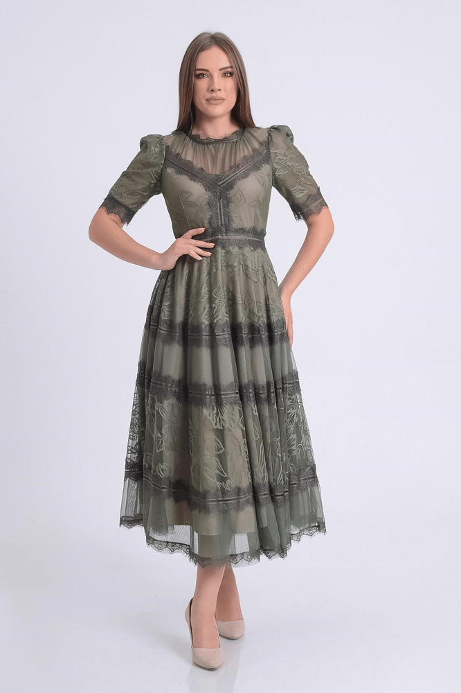 فستان سهرة – springstore – بأكمام قصيره – دانتيل وتل – كاكي – 36-46