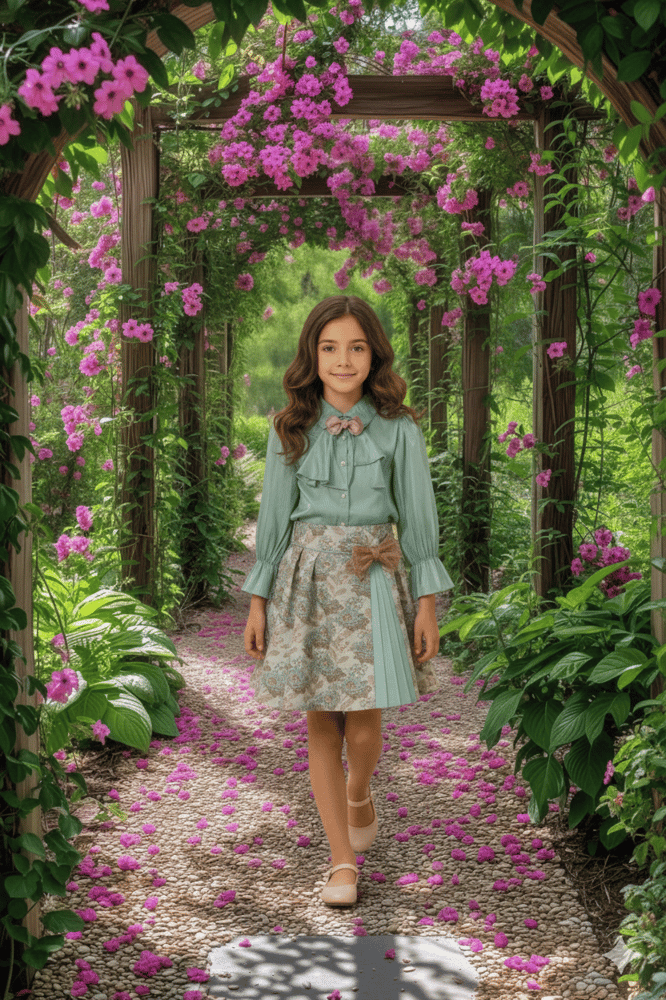 Girls' set consisting of two pieces: chiffon blouse with a bow and a patterned jacquard skirt - made in Turkey