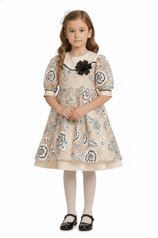 Girls' tulle embroidered dress with black flowers, classic collar - made in Turkey