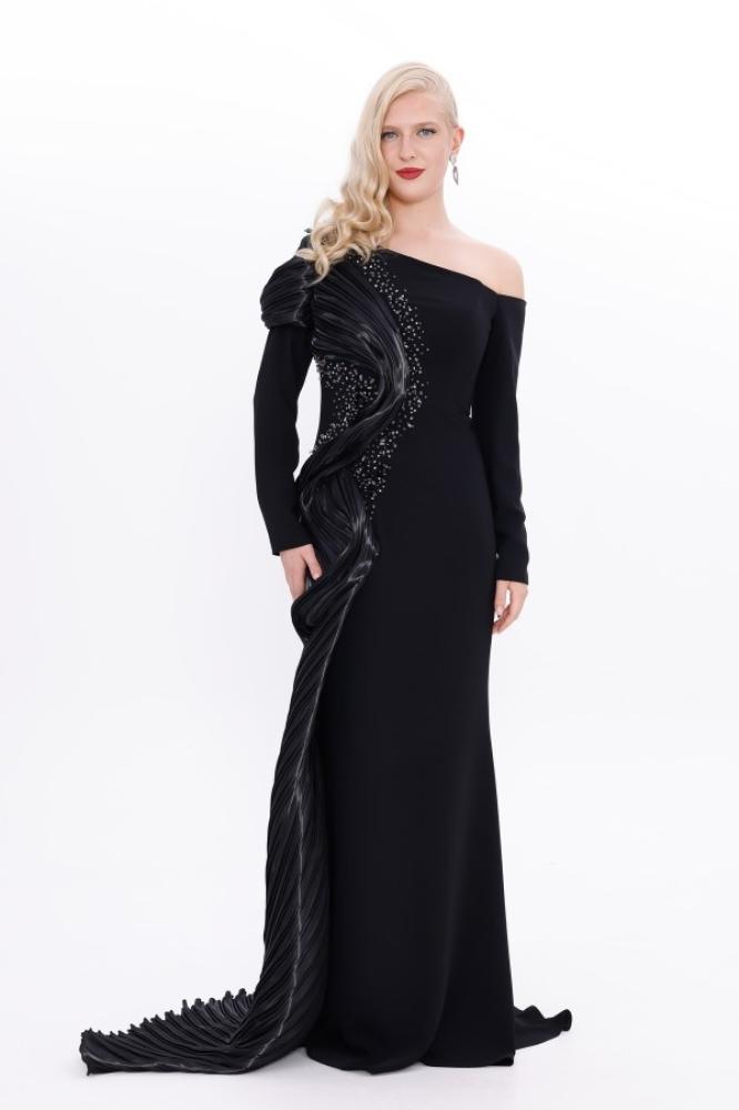 Evening gown crepe - khaki - organza look with one sleeve for occasions - one piece - BDM Exclusive - original Turkish