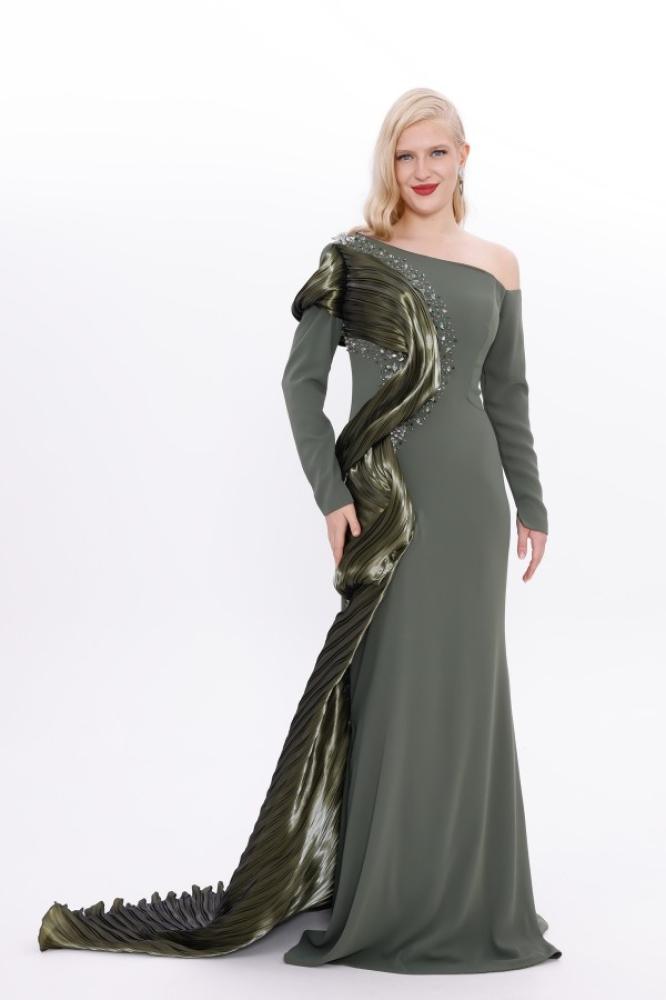 Evening gown crepe - khaki - organza look with one sleeve for occasions - one piece - BDM Exclusive - original Turkish