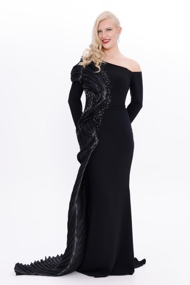 Evening gown crepe - khaki - organza look with one sleeve for occasions - one piece - BDM Exclusive - original Turkish