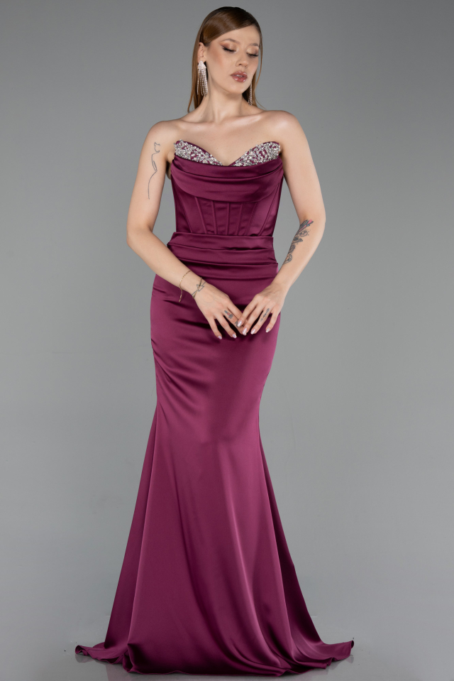 فستان نسائي – Abiyefon – مرصع بالأحجار – ساتان – عنابي – صنع في تركيا