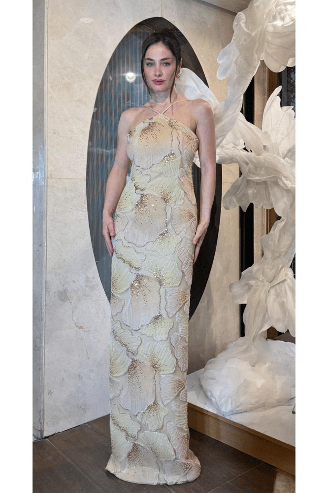فستان سهرة – springstore – بحمالات رفيعة وتصميم مستقيم – تل – بيج – 36