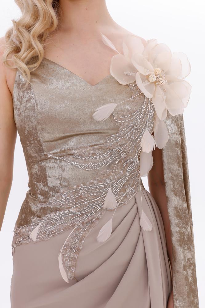 Cream velvet and crepe evening dress - for a stunning royal look - BDM - Original Turkish