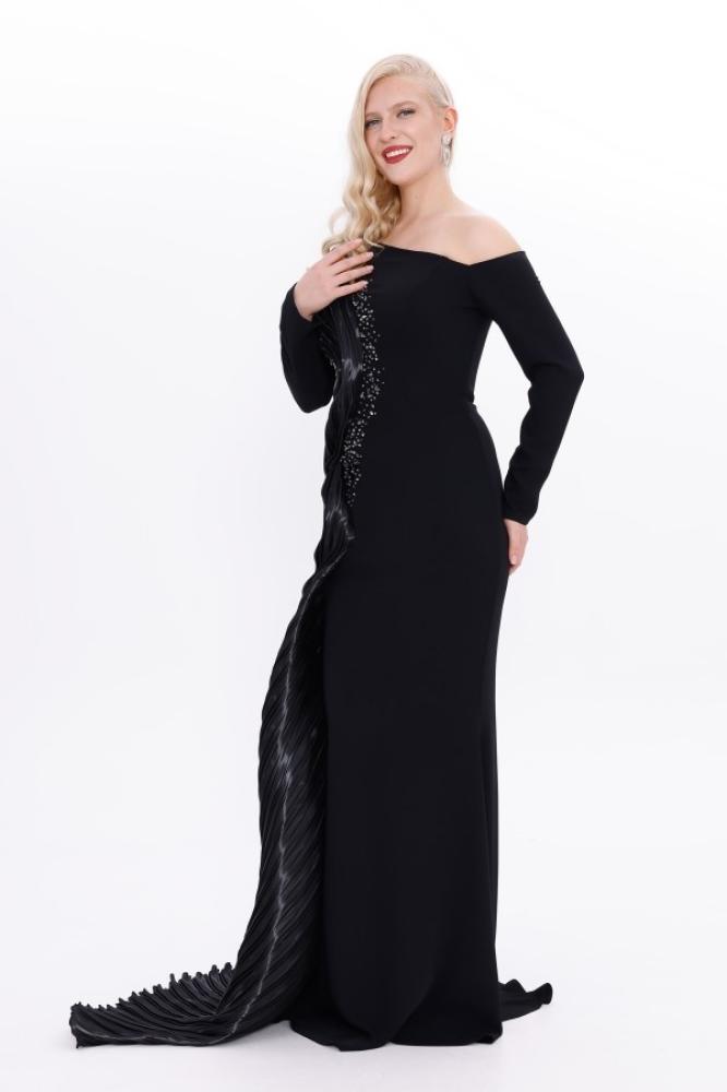 Evening gown crepe - khaki - organza look with one sleeve for occasions - one piece - BDM Exclusive - original Turkish