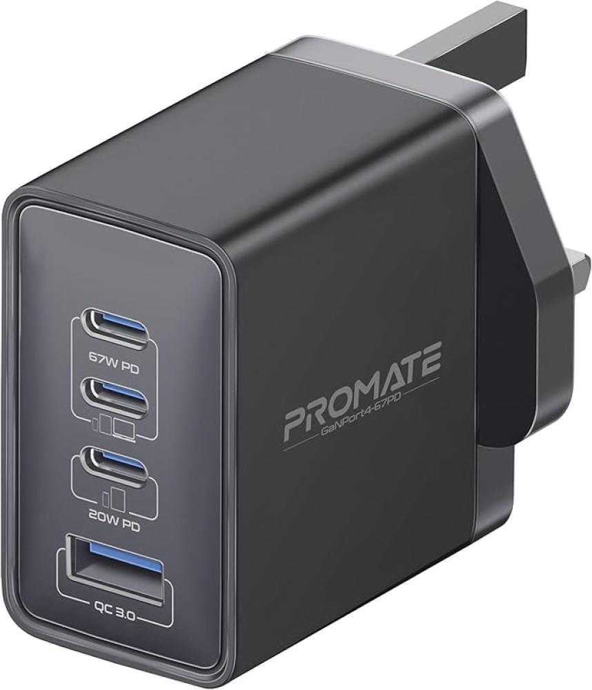 Promate GaN USB-C™ Laptop Charger, Super-Fast 67W Dual USB-C™ Power Delivery Wall Charger with 22.5W QC 3.0 Port, 20W Type-C™ Power Deliver (Black)