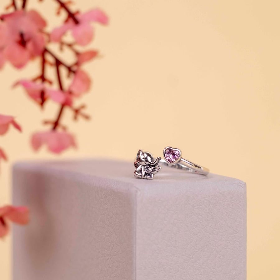 925 silver ring, elephant and pink heart