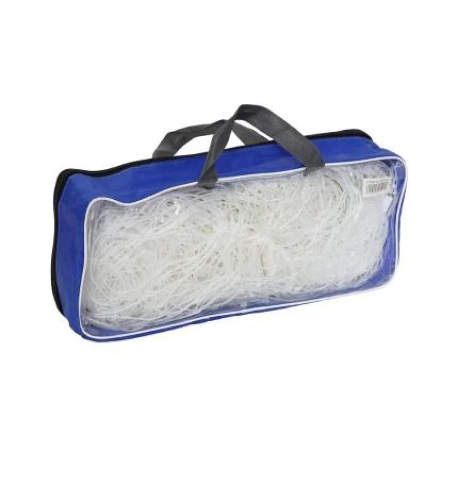 Volleyball net packed in a transparent blue bag.