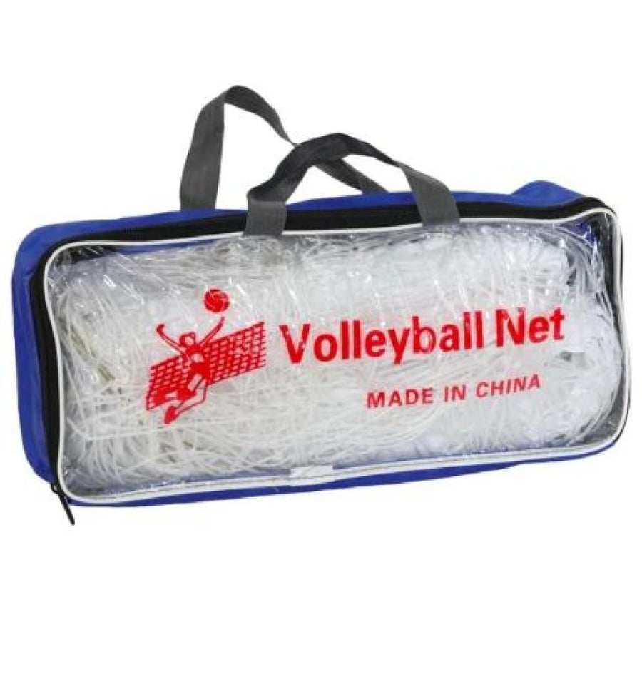 Volleyball net packed in a transparent blue bag.