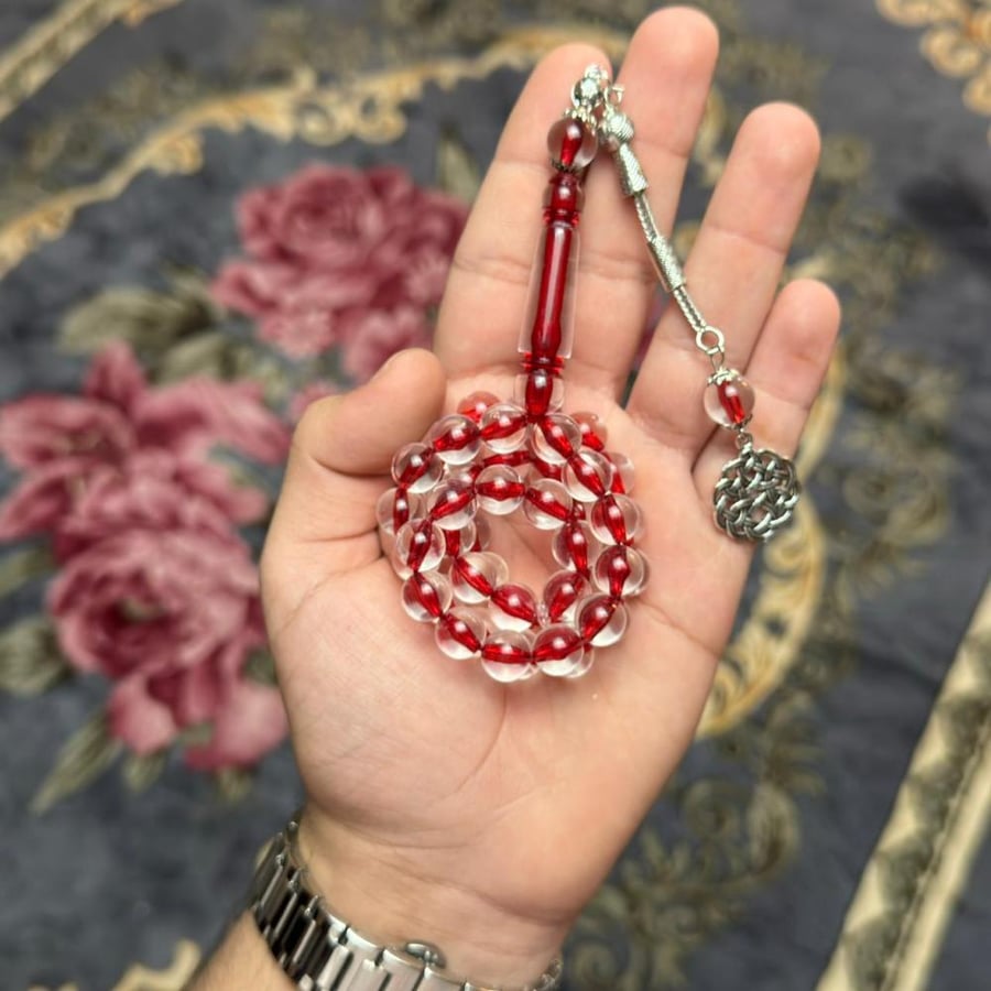 سبحة بكلايت شفاف خيط احمر غامق
