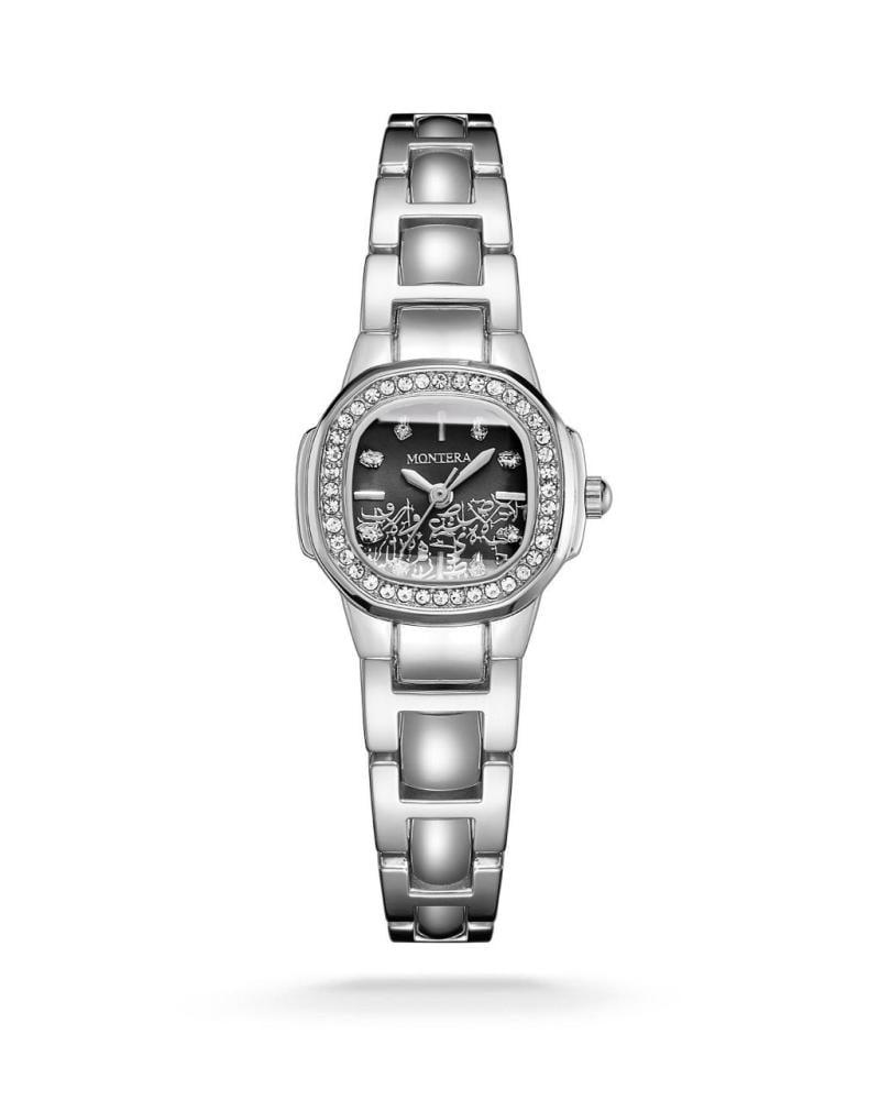 Women's silver watch with crystal and black dial