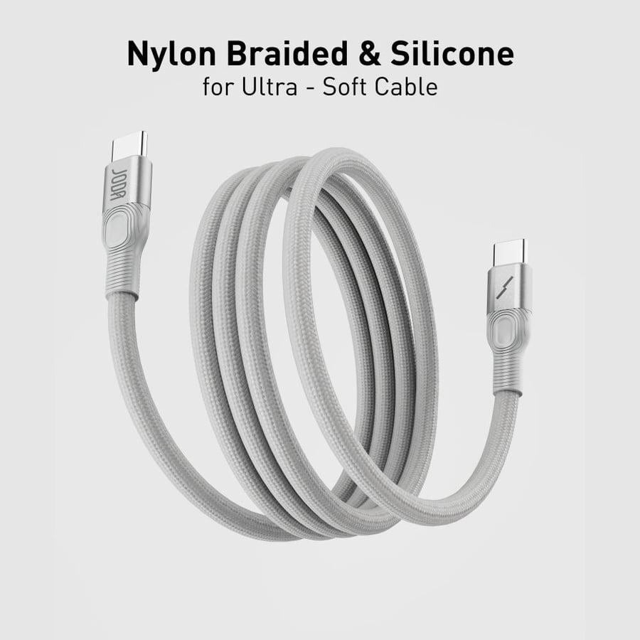 JODA Flex Nylon braided cable with 60-watt power, Type C to Type C, 1.2 meters - Silver