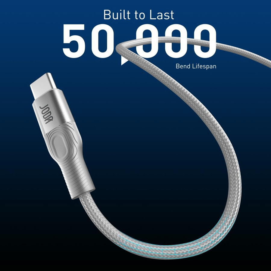 JODA Flex Nylon braided cable with 60-watt power, Type C to Type C, 1.2 meters - Silver