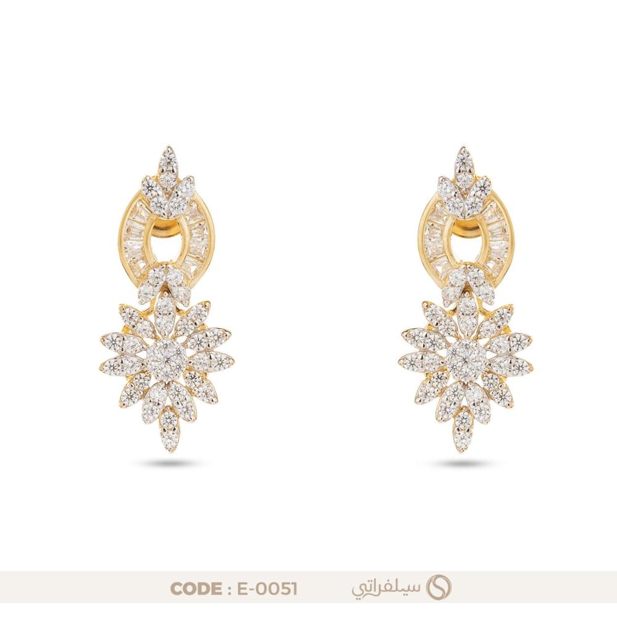 حلق الزهرة فضة عيار 925 مرصع بالزركون مطلي بالروديوم وماء الذهب (E-0051)