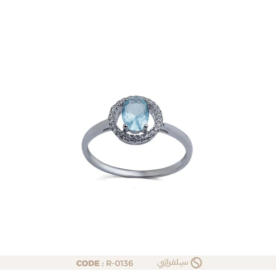 خاتم أكوامارين فضة عيار 925 مطلي روديوم مرصع بالزركون (R-0136)
