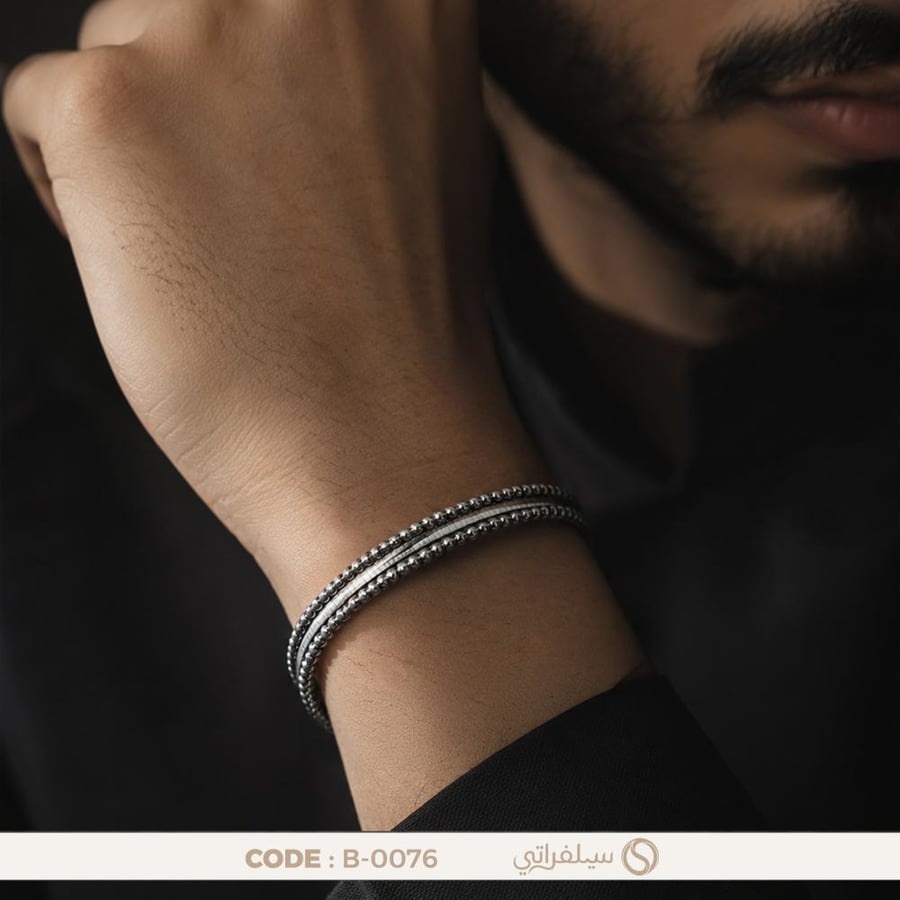 سوار رجالي مفتوح ثلاثي الصفوف فضة عيار 925، مطلي روديوم (B-0076)