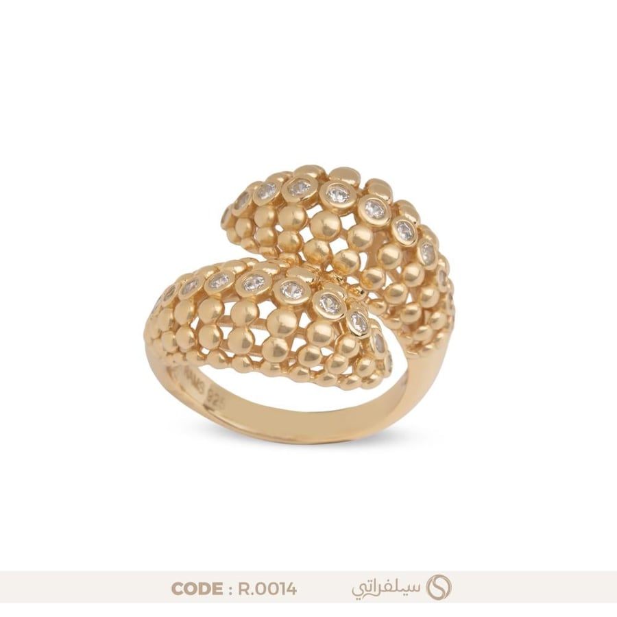 خاتم الكرات الذهبية فضة عيار 925 مرصع بالزركون مطلي بالروديوم وماء الذهب (R-0014)