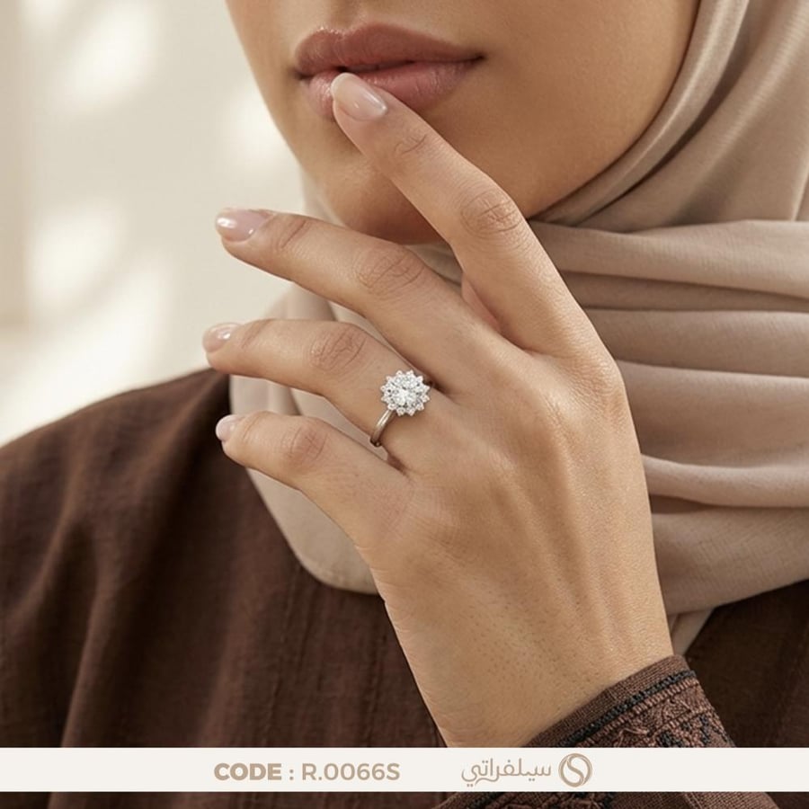 خاتم زهرة السوليتير فضة عيار 925 مرصع بالزركون مطلي روديوم (R-0066S)