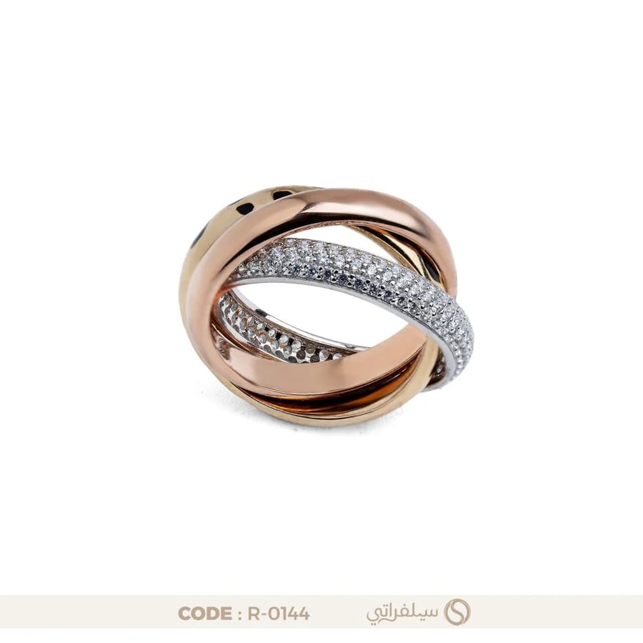 خاتم حلقات متداخلة فضة عيار 925 مرصع بالزركون مطلي روديوم وماء الذهب (R-0144)