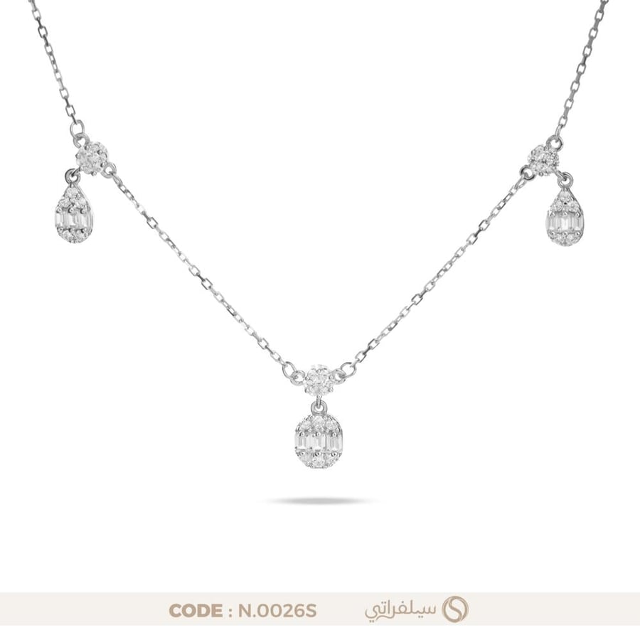 قلادة دمعة فضة عيار 925 بفصوص زركون بلمعان الألماس، مطلية روديوم (N-0026S)