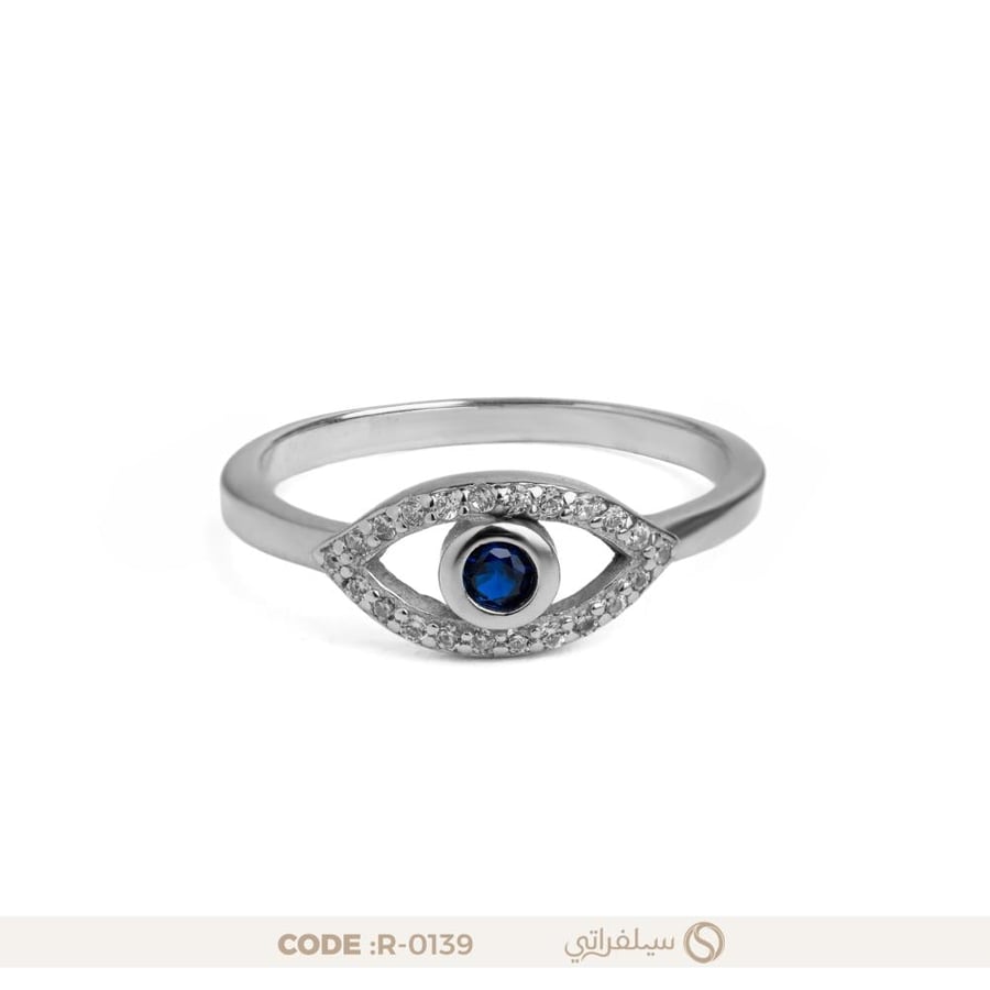 خاتم العين الزرقاء فضة عيار 925 مرصع بالزركون مطلي روديوم (R-0139)