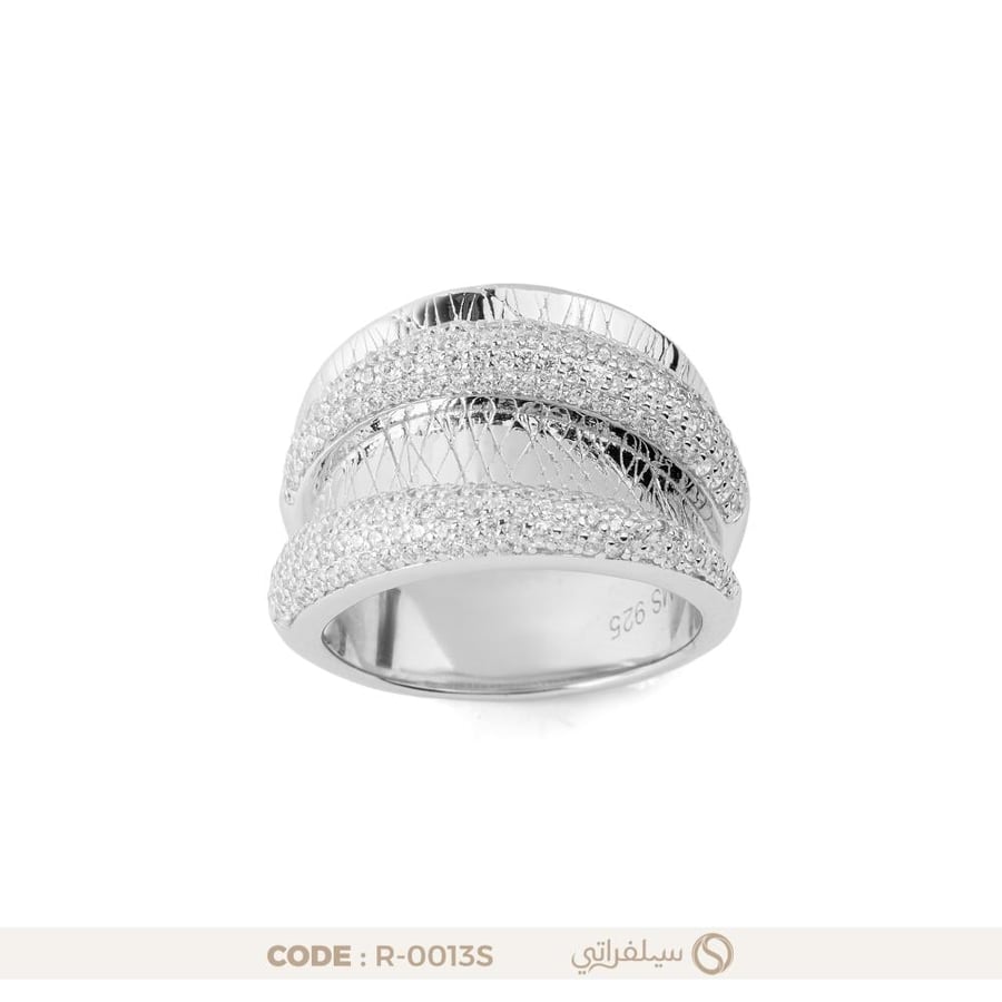 خاتم فضة عريض متشابك مرصع بالزركون عيار 925 مطلي روديوم (R-0013S)