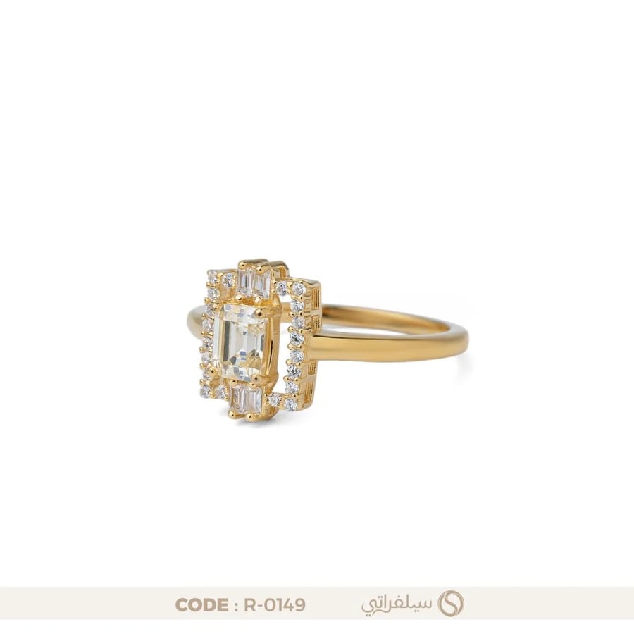 خاتم مستطيل فضة عيار 925 مرصع بالزركون مطلي بالروديوم وماء الذهب (R-0149)