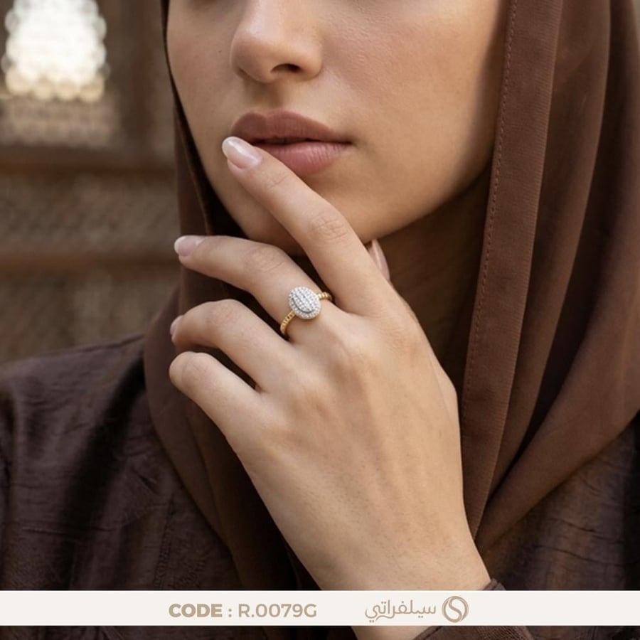 خاتم بيضاوي فضة عيار 925 مرصع بالزركون مطلي روديوم وماء الذهب (R-0079G)