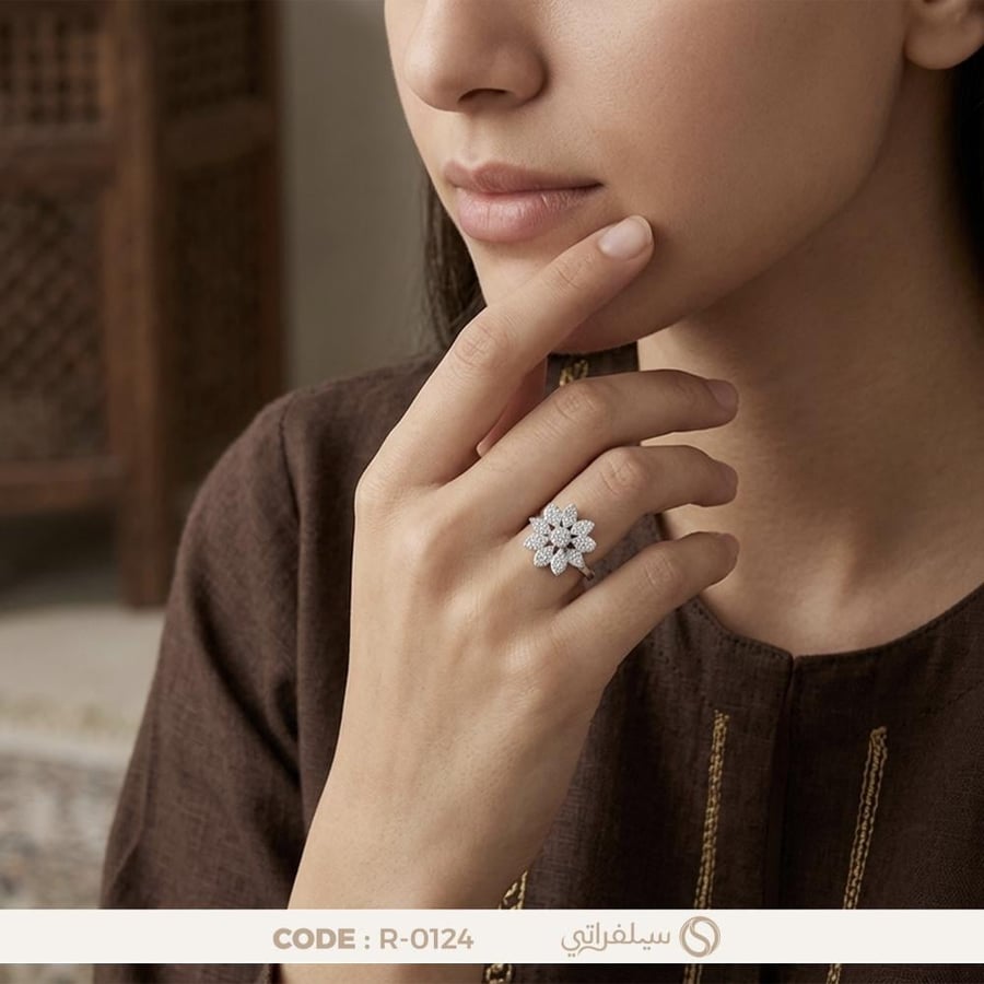 خاتم زهرة السوليتير فضة عيار 925 مرصع بالزركون مطلي روديوم (R-0124)