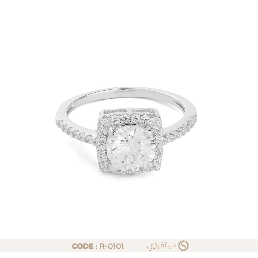 خاتم فضة عيار 925 بهالة مربعة مرصع بالزركون (R-0101)