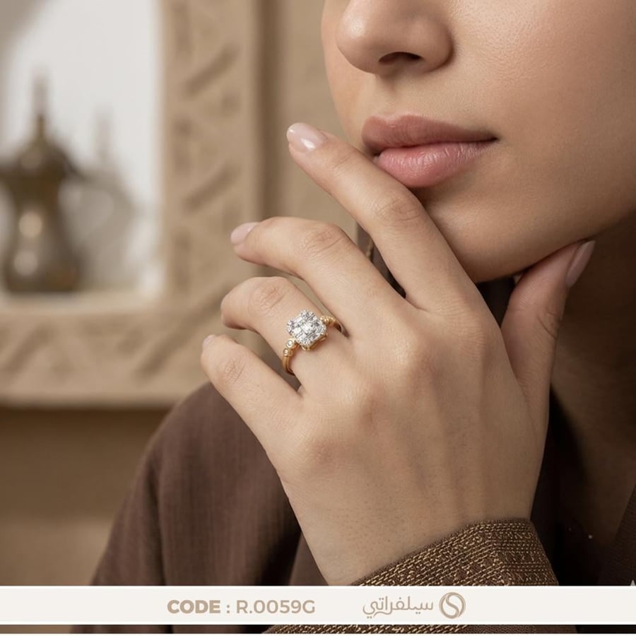 خاتم بقصة الباجيت فضة عيار 925 مرصع بالزركون مطلي روديوم وماء الذهب (R-0059G)