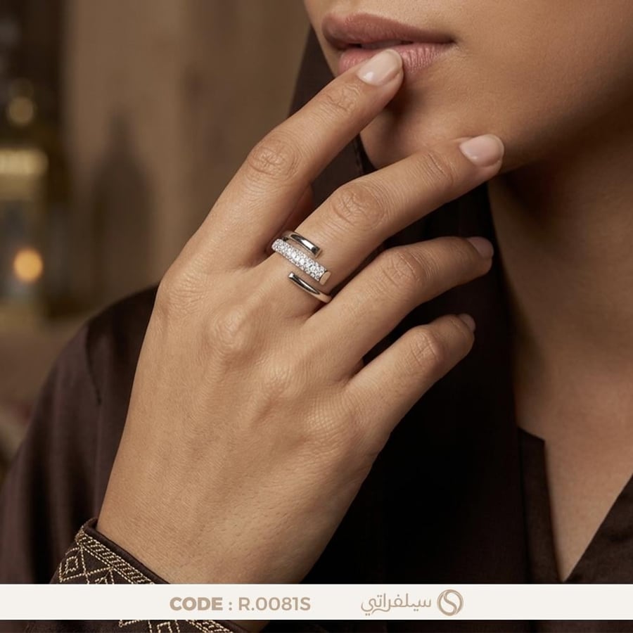 خاتم فضة مفتوح مرصع بالزركون عيار 925 مطلي روديوم (R-0081S)