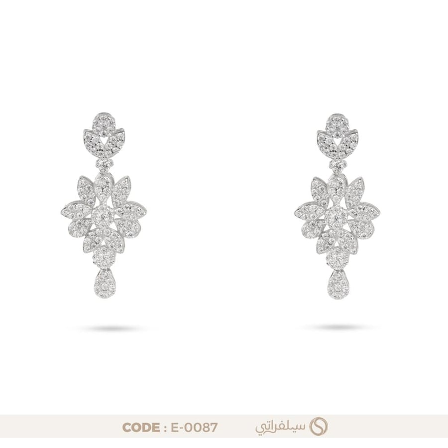 حلق زهرة متدرج فضة عيار 925 مرصع بالزركون، مطلي روديوم (E-0087)