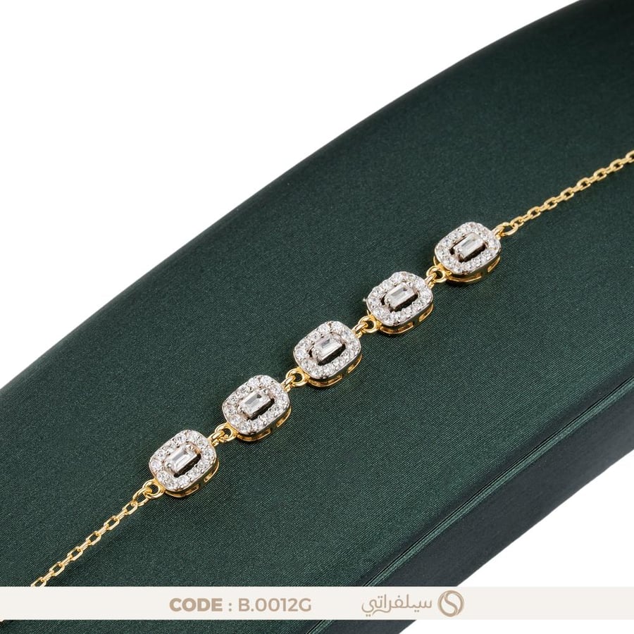 سوار فضة عيار 925 بفصوص زركون مستطيلة بلمعان الألماس، مطلي بالروديوم وماء الذهب (B-0012G)