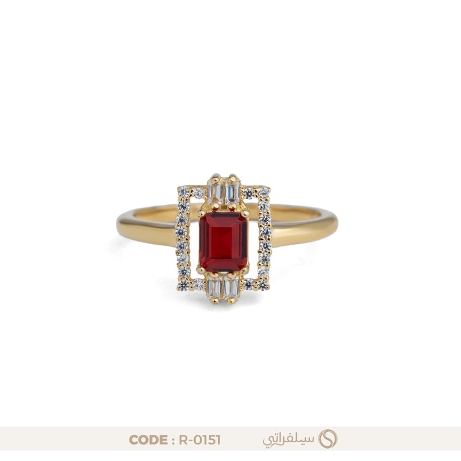 خاتم مستطيل بفص زركون أحمر فضة عيار 925 مطلي روديوم وماء الذهب (R-0151)