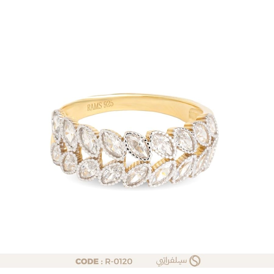 خاتم غصن الزيتون فضة عيار 925 مرصع بالزركون مطلي بالروديوم وماء الذهب (R-0120)