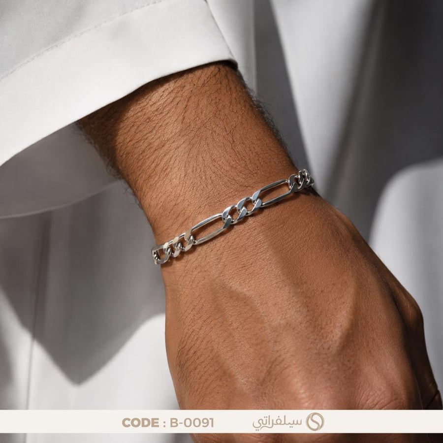 سوار جنزير فضة رجالي عيار 925 بتصميم فيجارو، مطلي روديوم (B-0091)