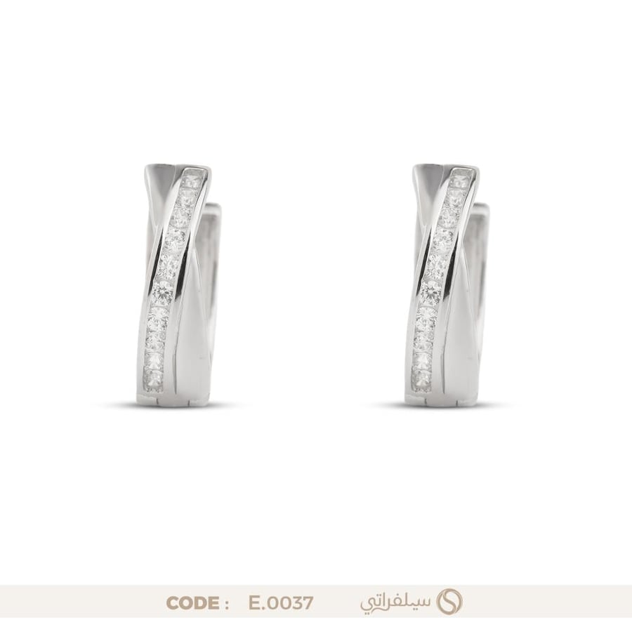 حلق هوجي فضة عيار 925 ملتف ومرصع بالزركون، مطلي روديوم (E-0037)