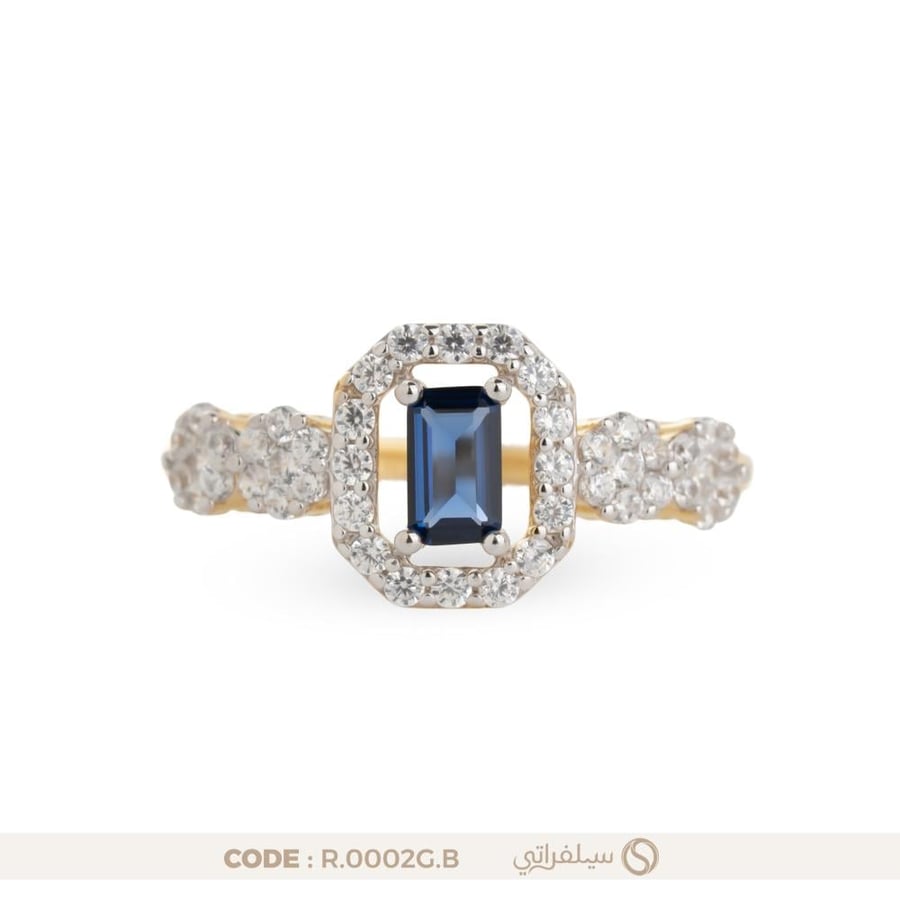 خاتم فضة عيار 925 بفص زركون أزرق مطلي روديوم وماء الذهب (R-0002G-B)