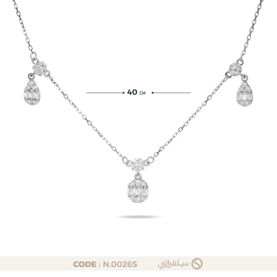 قلادة دمعة فضة عيار 925 بفصوص زركون بلمعان الألماس، مطلية روديوم (N-0026S)