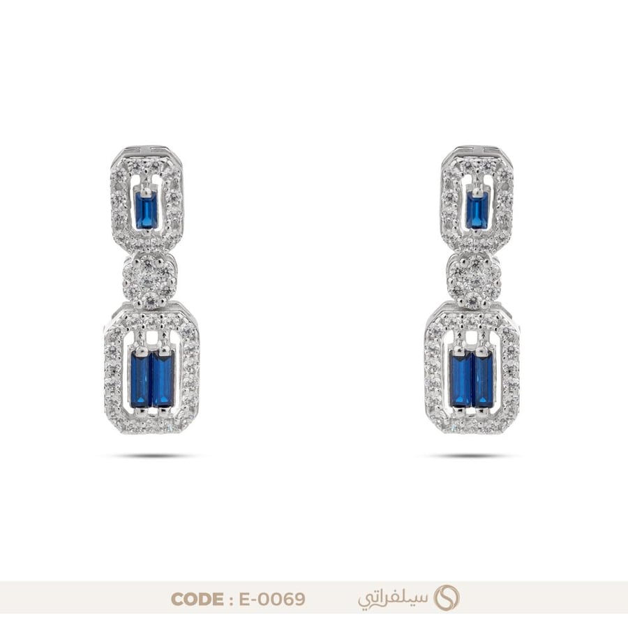 حلق الباجيت الأزرق فضة عيار 925 مرصع بزركون أزرق، مطلي روديوم (E-0069)