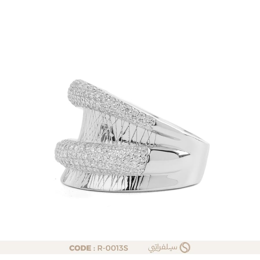 خاتم فضة عريض متشابك مرصع بالزركون عيار 925 مطلي روديوم (R-0013S)