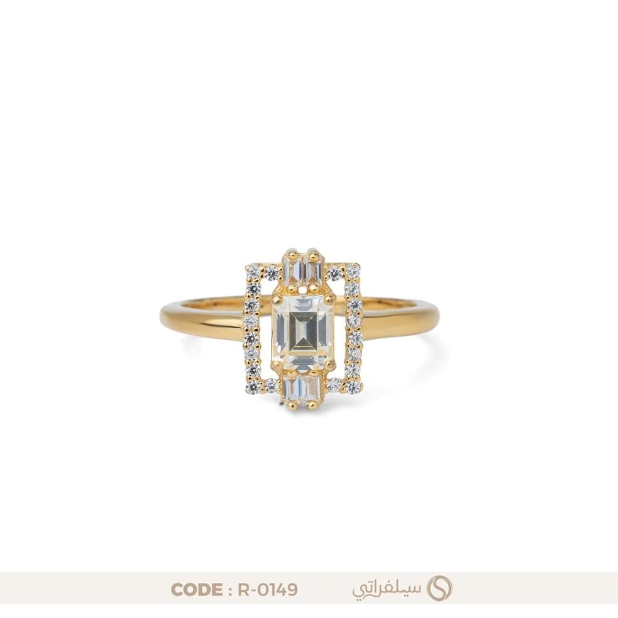 خاتم مستطيل فضة عيار 925 مرصع بالزركون مطلي بالروديوم وماء الذهب (R-0149)
