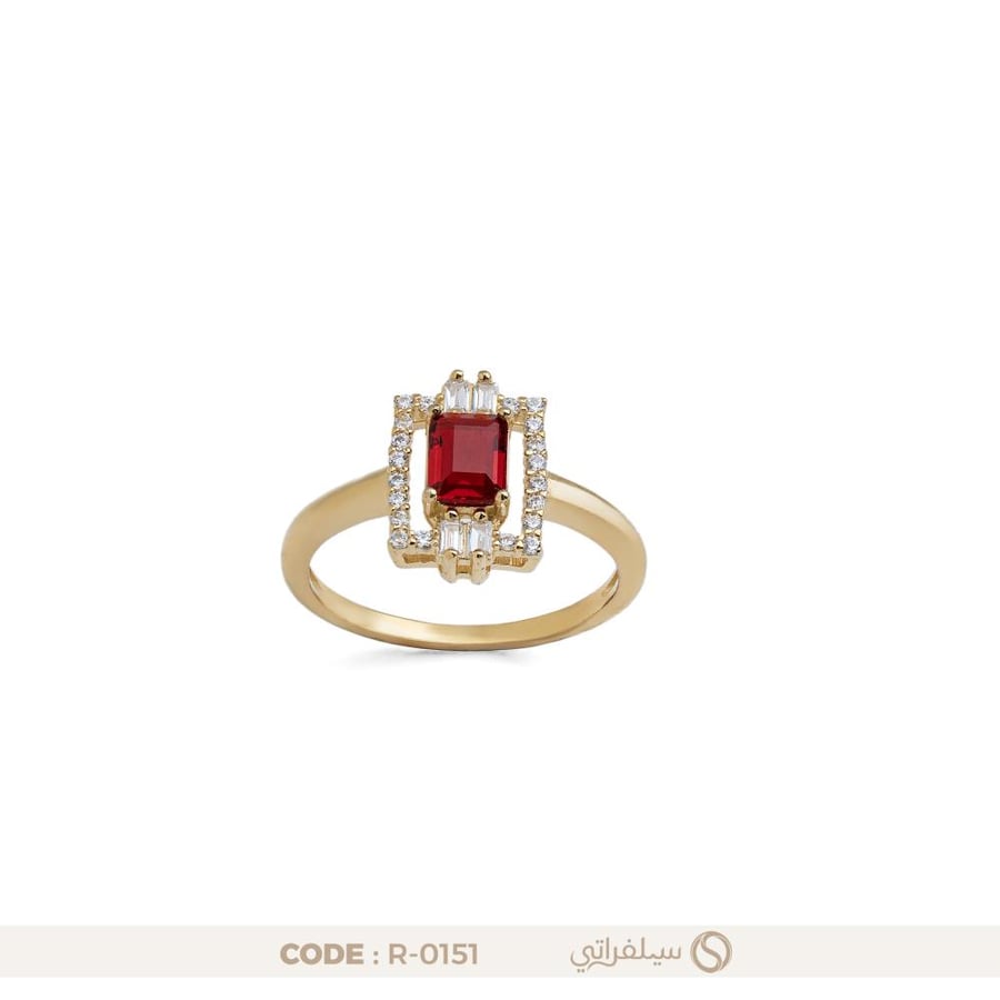خاتم مستطيل بفص زركون أحمر فضة عيار 925 مطلي روديوم وماء الذهب (R-0151)