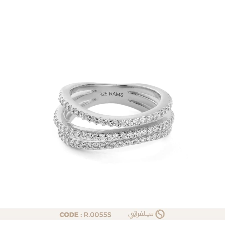 خاتم ثلاثي الصفوف فضة عيار 925 مرصع بالزركون مطلي روديوم (R-0055S)