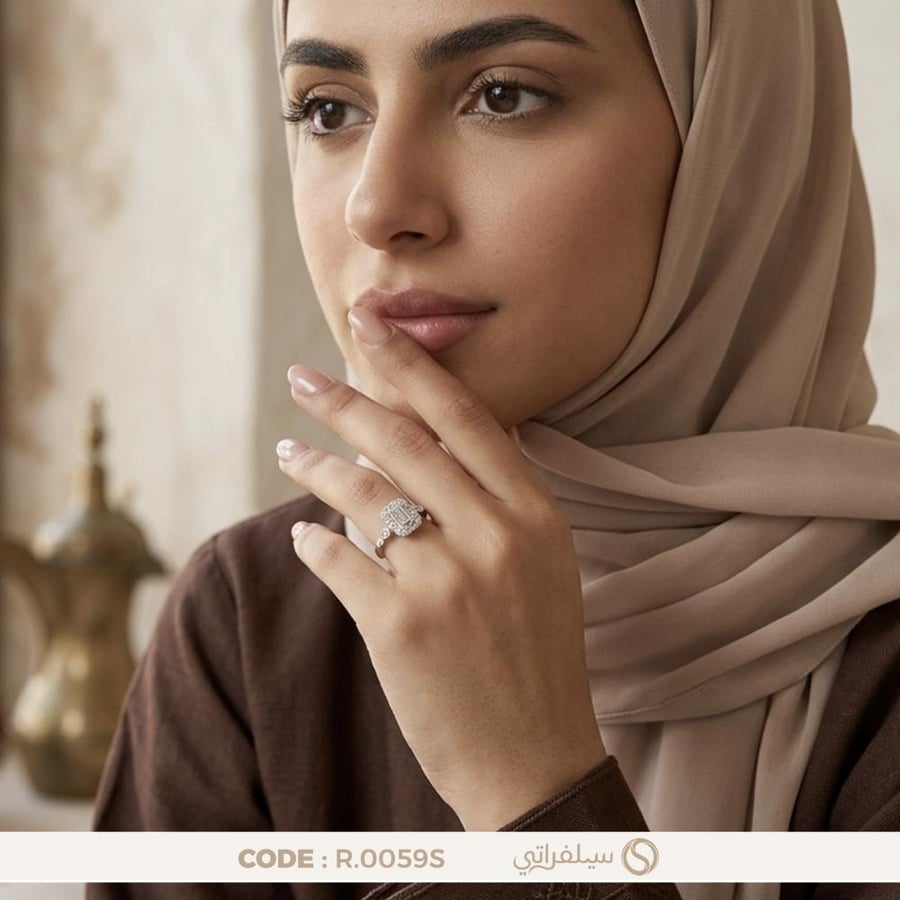 خاتم باجيت فضة عيار 925 مرصع بالزركون مطلي بالروديوم والذهب (R-0059S)