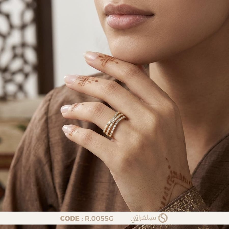 خاتم ثلاثي الصفوف فضة عيار 925 مطلي روديوم وماء الذهب (R-0055G)